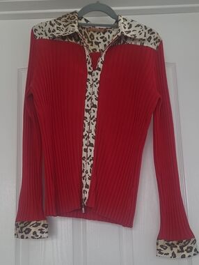 Belldini Y2K Red Long-Sleeve Zip Sweater with Leopard Trim And Leopard Collar